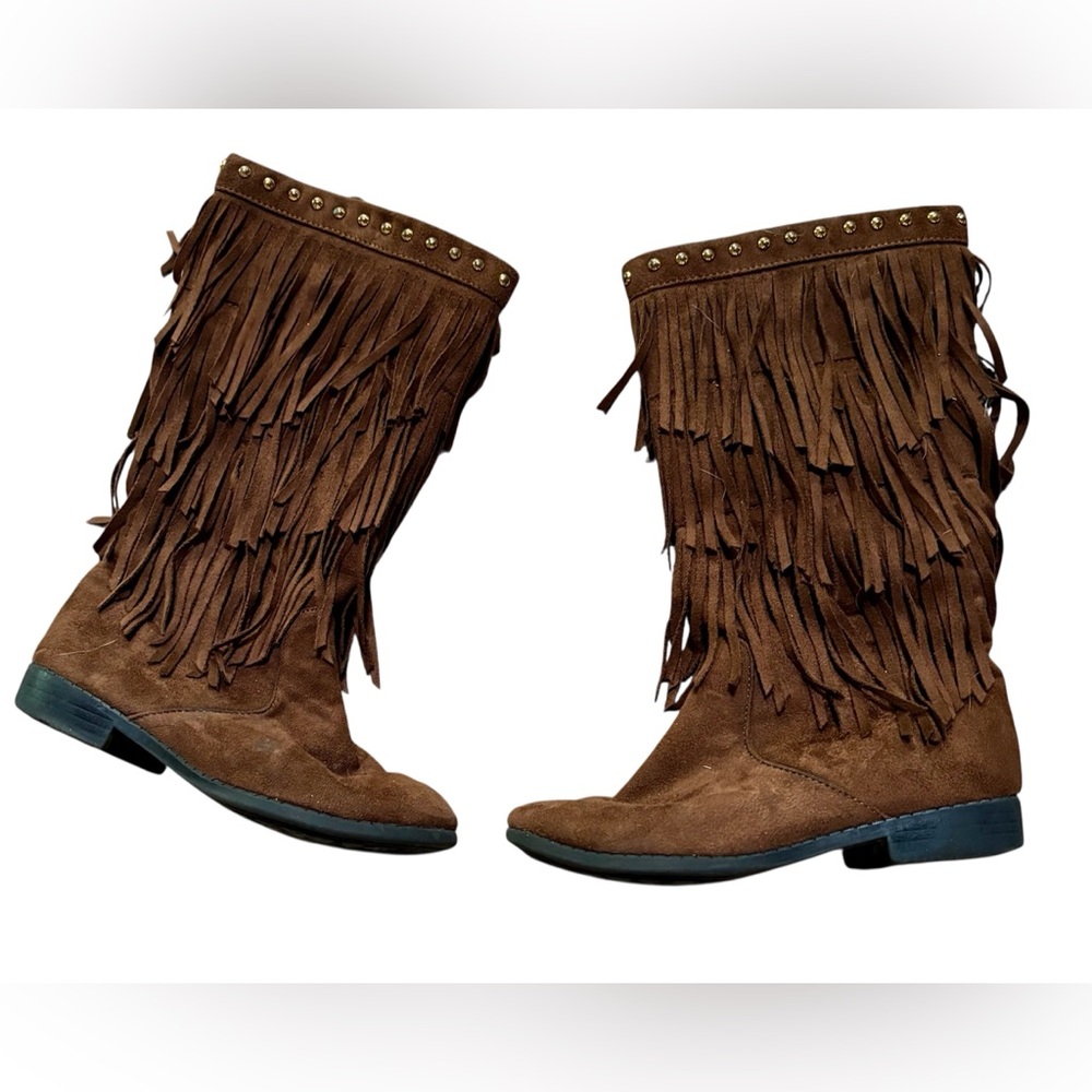 ⭐️Reaction Kenneth Cole Mona Fringe Faux Suede Brown Studded Boots Little Girl 1